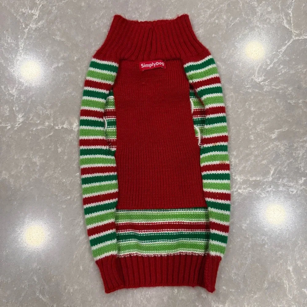 SimplyDog Christmas Dog Sweater Size M Red Green Striped Bone - Picture 6 of 8